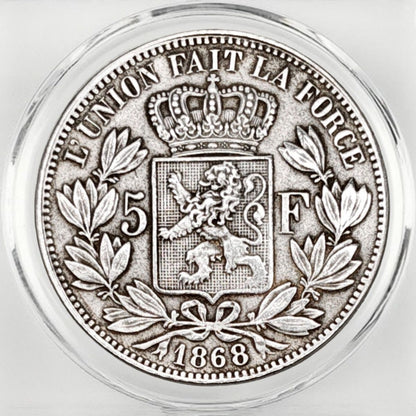 1868 Belgium 5 Francs – King Leopold II Coin