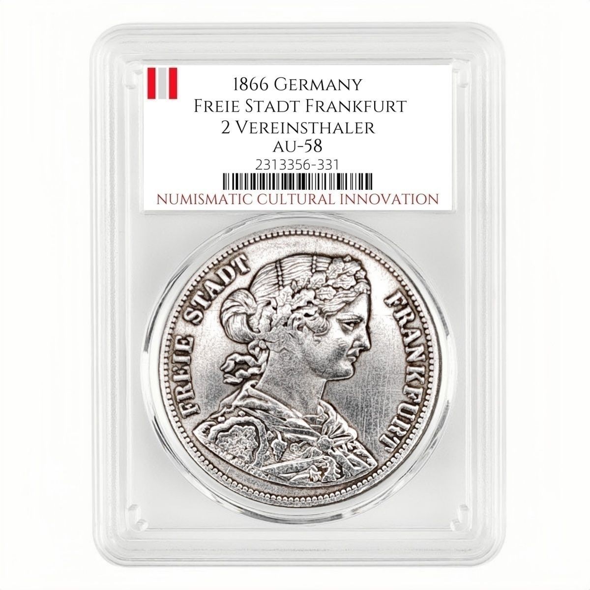 1866 Frankfurt 2 Thaler – Germania Goddess Silver Coin