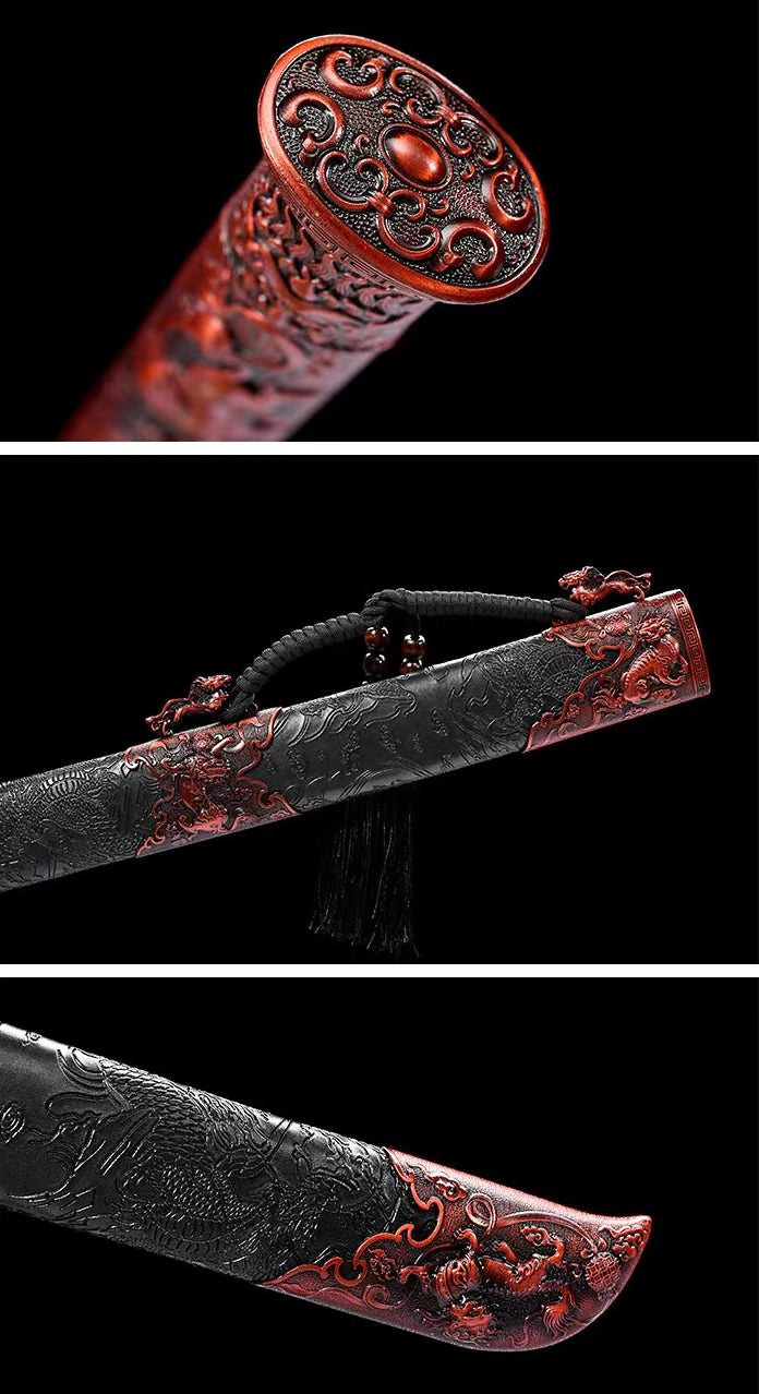 Traditional Chinese Qing Dao Sword-Spring Steel Blade, Red Alloy Fittings,Wood Wrapped Faux Leather Scabbard