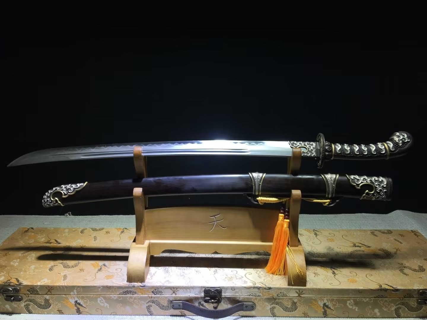 Premium Chinese Qing Dao Sword - Damascus Steel Blade, Ebony Scabbard, Brass Fittings