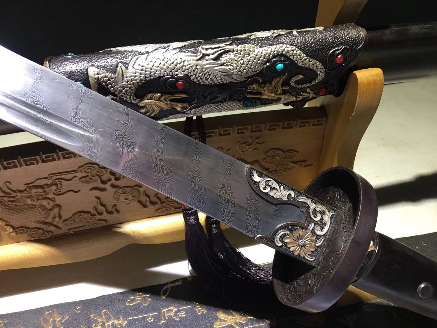 Qing dao,Forged Damascus Steel Blade,Ebony Scabbard,Brass Fittings