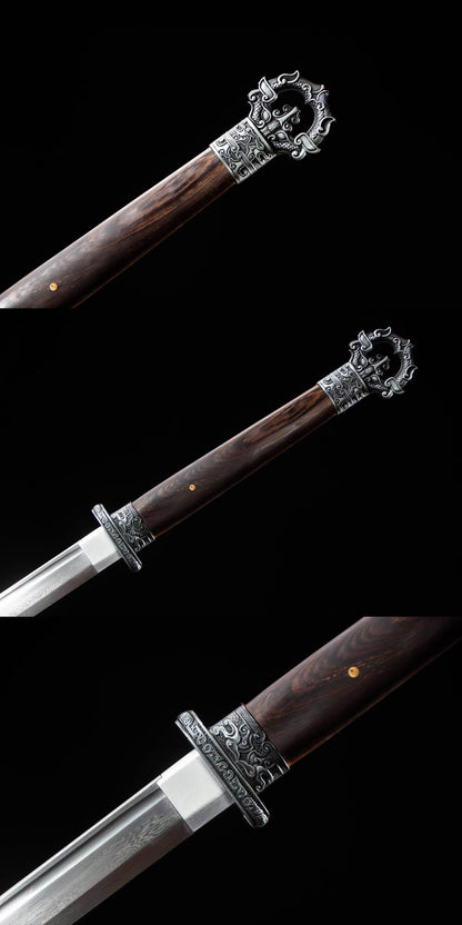 Traditional Chinese Tang dao Sword with Damascus Steel Blade and Alloy Fittings