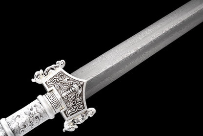 Han jian Sword Real,Hand Forged Damascus Blades,Black Wood Scabbard,Alloy Handle