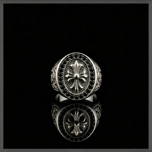 “Crowned Cross” | Full Pavé Fleur-de-Lis Ring