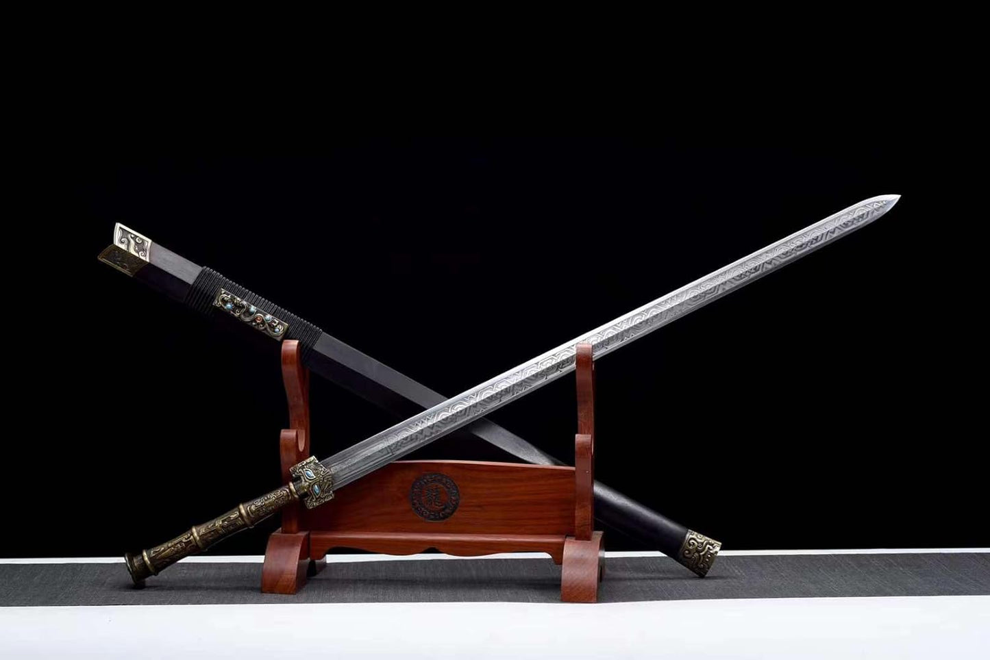 Han Jian, Carbon Steel Forged Blade, Traditional Handmade Sword with Black Wood Scabbard, Zinc Alloy Handle