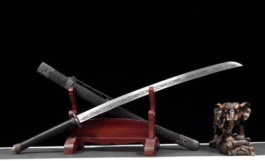 Qing Dao Swords Real,Forged Etch Blade,Leather Scabbard