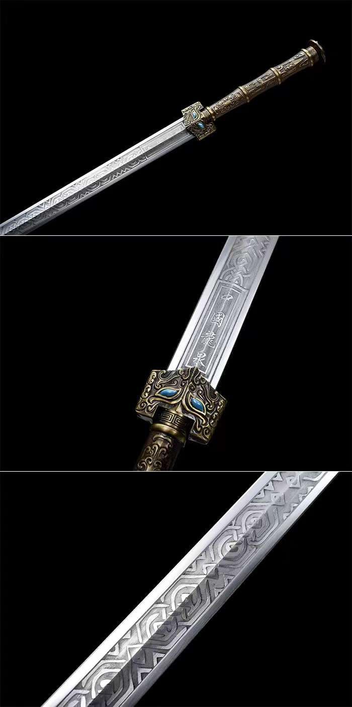 Han Jian, Carbon Steel Forged Blade, Traditional Handmade Sword with Black Wood Scabbard, Zinc Alloy Handle