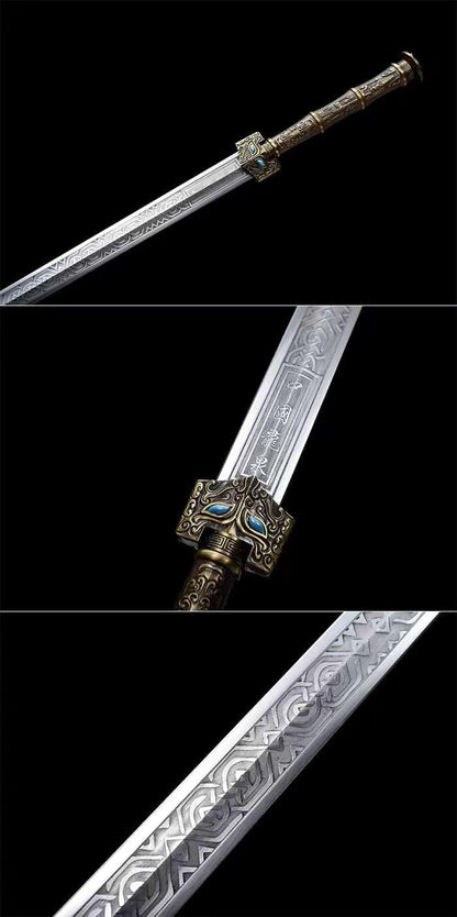 Han Jian, Carbon Steel Forged Blade, Traditional Handmade Sword with Black Wood Scabbard, Zinc Alloy Handle