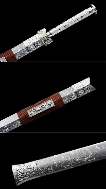 Han jian,Forged Spring Steel Blade,Silver Scabbard,Alloy Fittings