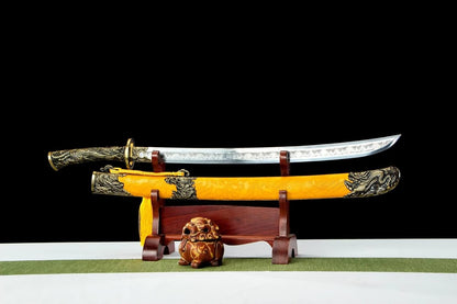 Qing dao Dynasty Army Sabre,Forged Blade with Alloy Fittings and Yellow Scabbard