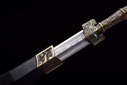 Han Jian, Carbon Steel Forged Blade, Traditional Handmade Sword with Black Wood Scabbard, Zinc Alloy Handle