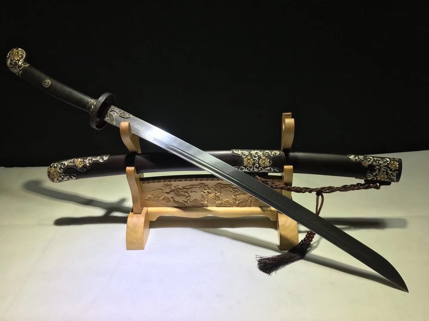 Qing dao,Forged Damascus Steel Blade,Ebony Scabbard,Brass Fittings