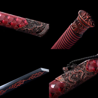 Qing dao,Forged High Carbon Steel Etch Blades,Red Scabbard,Battle Ready