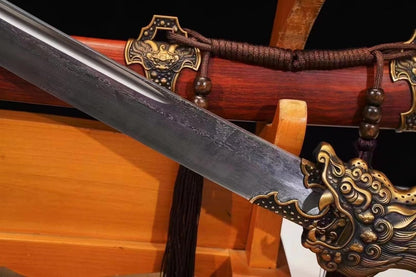 Dragon Qing Dao Collectible Sword - 40" Hand-Forged Damascus Steel, Red Sandalwood