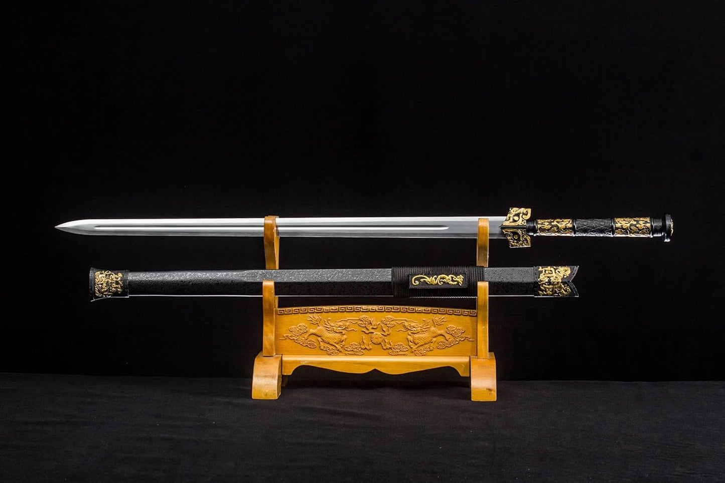 Han Jian Sword | 40.5" Hand-Forged Carbon Steel Blade | Zinc Alloy Handle & Black Wood Scabbard