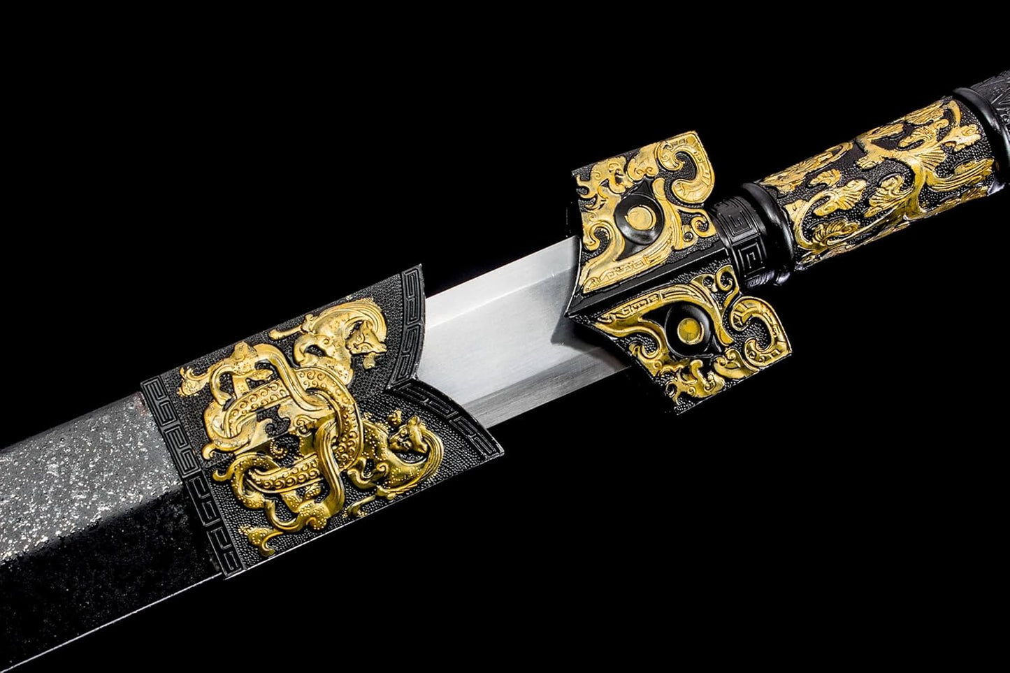 Han Jian Sword | 40.5" Hand-Forged Carbon Steel Blade | Zinc Alloy Handle & Black Wood Scabbard