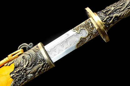 Qing dao Dynasty Army Sabre,Forged Blade with Alloy Fittings and Yellow Scabbard