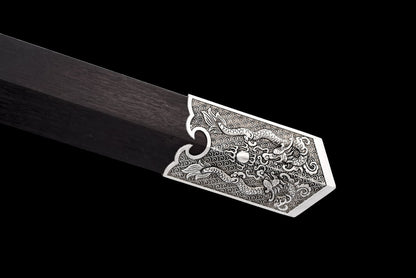 Han jian Sword Real,Hand Forged Damascus Blades,Black Wood Scabbard,Alloy Handle