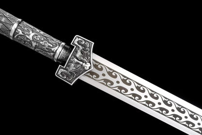 Han jian Sword Forged High Manganese Steel Etched Blade,Alloy Handle,Solid Wood+Fake Leather