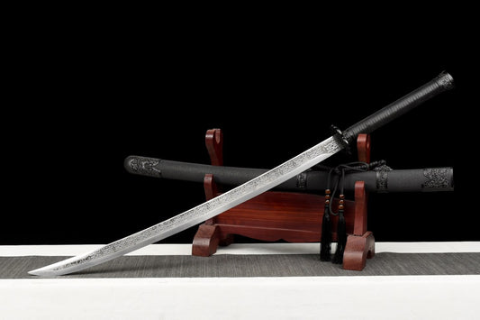 Qing dao Swords Real,Hand Forged High Carbon Steel Etched Blade,Alloy Fittings