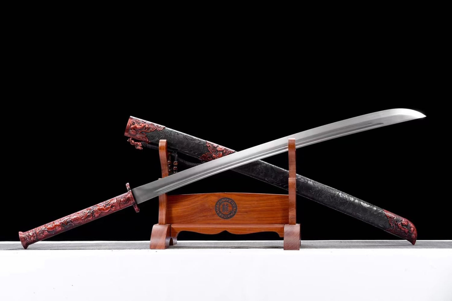 Traditional Chinese Qing Dao Sword-Spring Steel Blade, Red Alloy Fittings,Wood Wrapped Faux Leather Scabbard