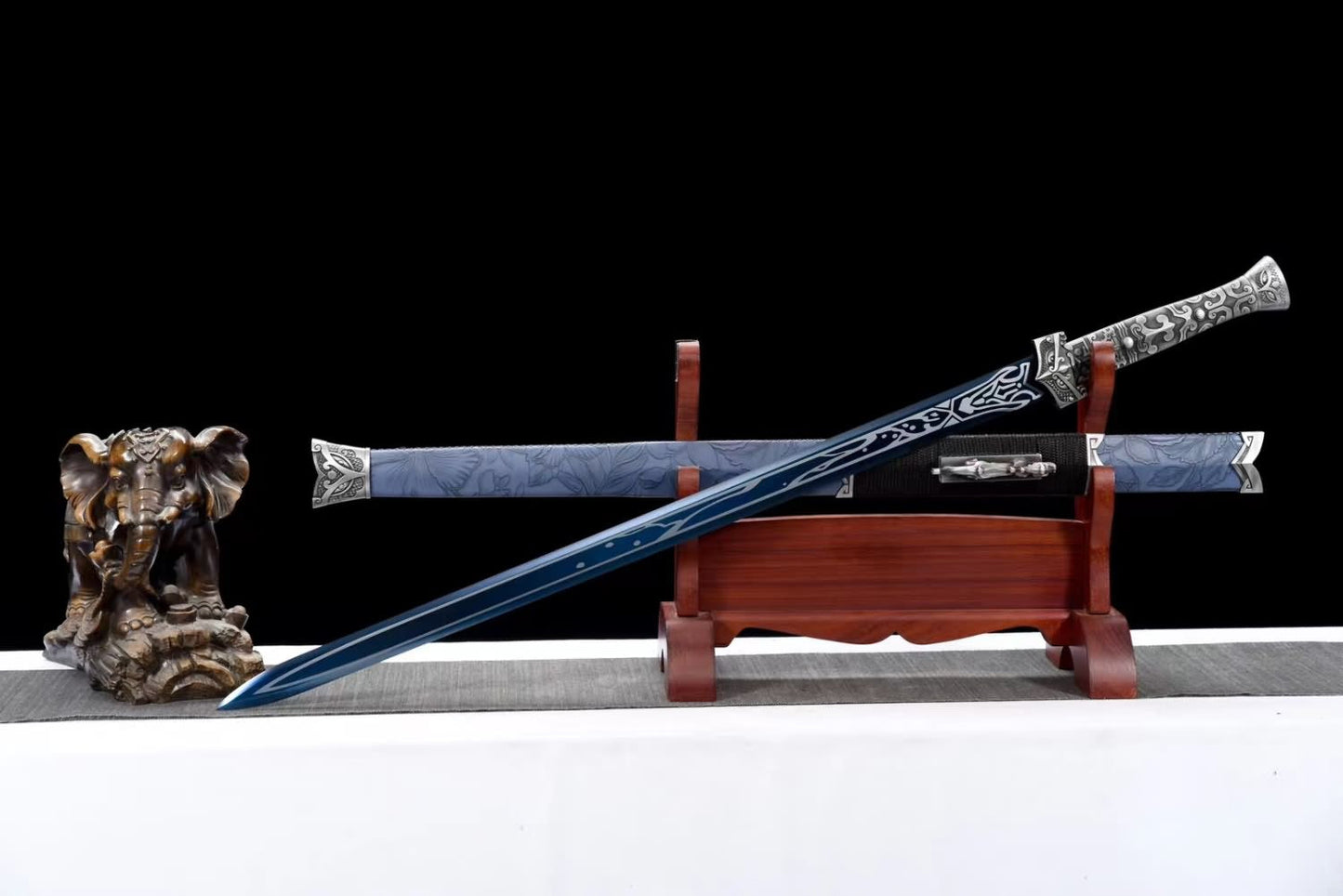 Han jian Sword-Forged High Carbon Steel Blade,Blue Appearance,Faux Leather Scabbard