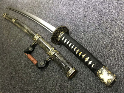 Tachi katana,Black skin scabbard,Damascus steel burn blade,Brass,Full tang