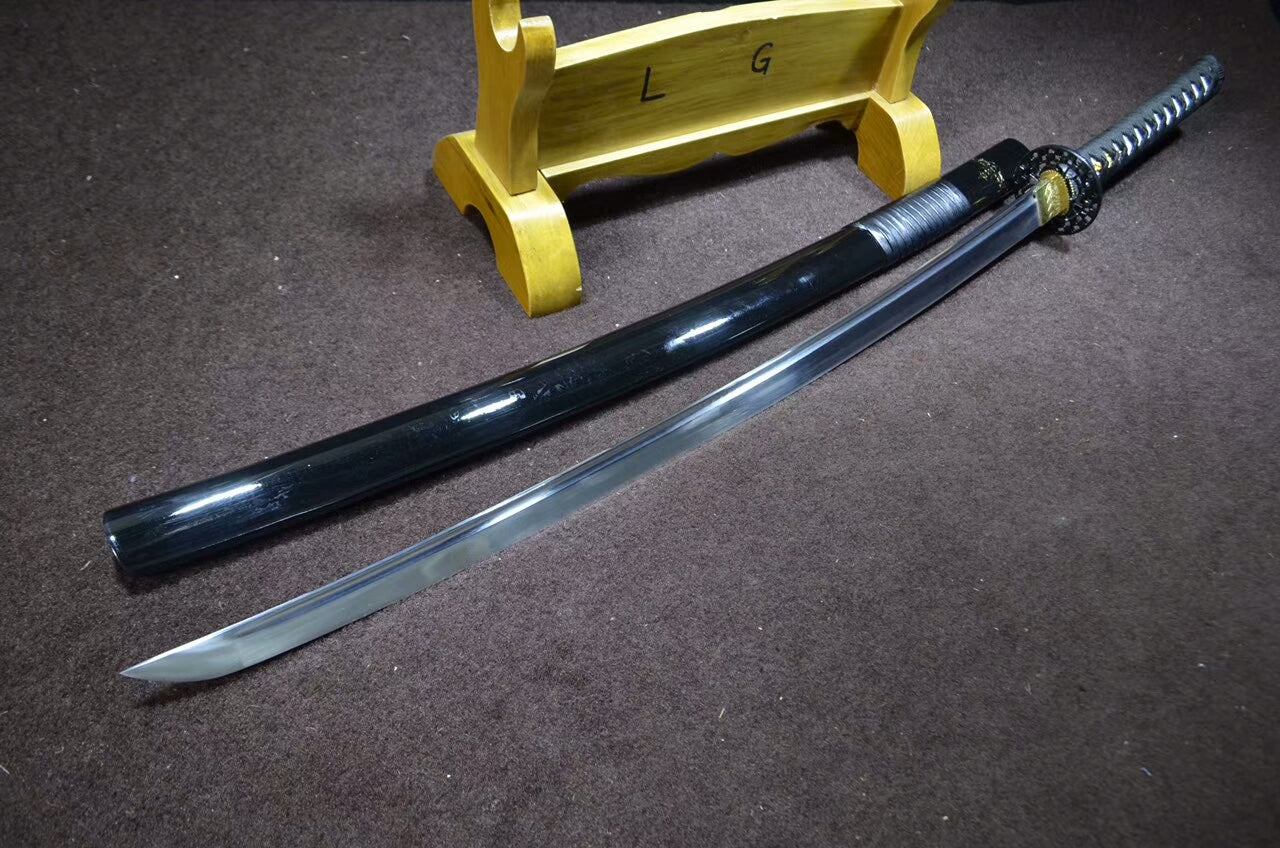 katana,Samurai sword(Medium carbon steel,Alloy,Black scabbard)Full tang