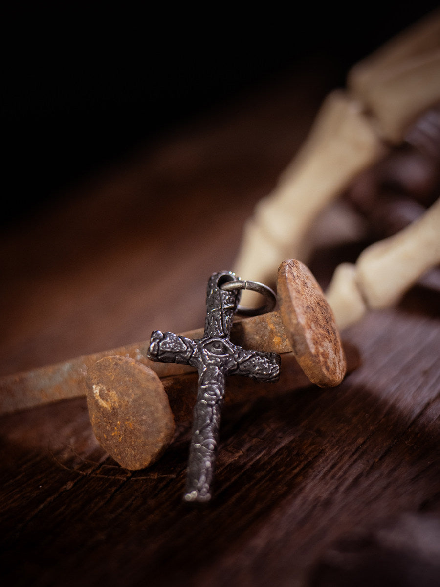 “Arcane Demon Eye Cross” | Dark Gothic Aged Cross Pendant Necklace