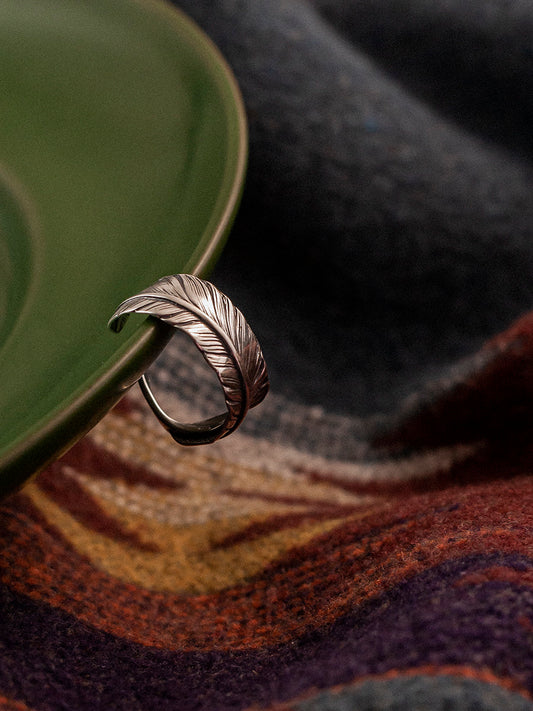 Takashi Japanese Aesthetic Feather Ring | S925 Sterling Silver Vintage Adjustable Band
