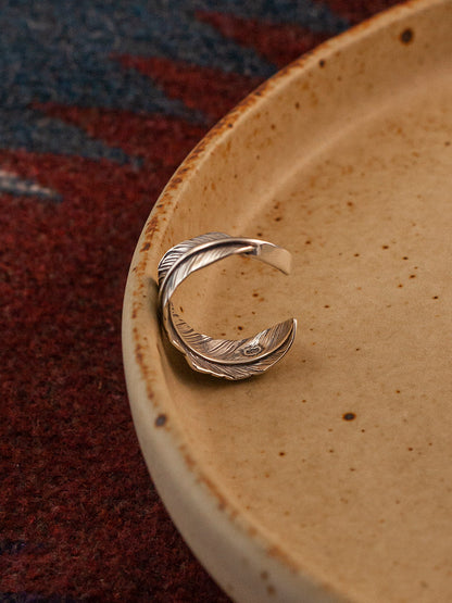 Takashi Japanese Aesthetic Feather Ring | S925 Sterling Silver Vintage Adjustable Band