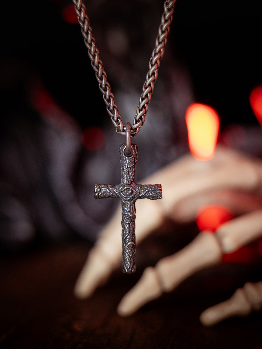 “Arcane Demon Eye Cross” | Dark Gothic Aged Cross Pendant Necklace