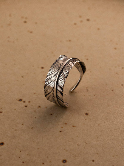 Takashi Japanese Aesthetic Feather Ring | S925 Sterling Silver Vintage Adjustable Band