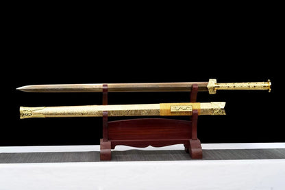 Han jian Sword-Forged High Manganese Steel Blade,Golden Appearance,Faux Leather Scabbard