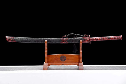 Traditional Chinese Qing Dao Sword-Spring Steel Blade, Red Alloy Fittings,Wood Wrapped Faux Leather Scabbard