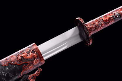 Traditional Chinese Qing Dao Sword-Spring Steel Blade, Red Alloy Fittings,Wood Wrapped Faux Leather Scabbard