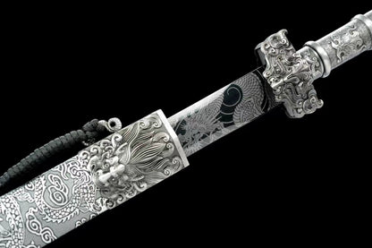 Han jian Swords Real Forged High Carbon Steel Etched Blade,Alloy Fittings,Faux Leather Scabbard