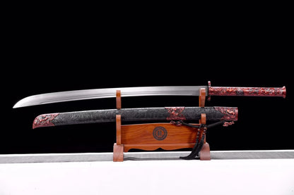 Traditional Chinese Qing Dao Sword-Spring Steel Blade, Red Alloy Fittings,Wood Wrapped Faux Leather Scabbard