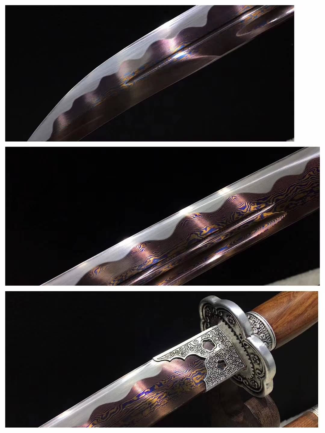 Qing dao,Handmade Damascus steel red blade,Rosewood scabbard