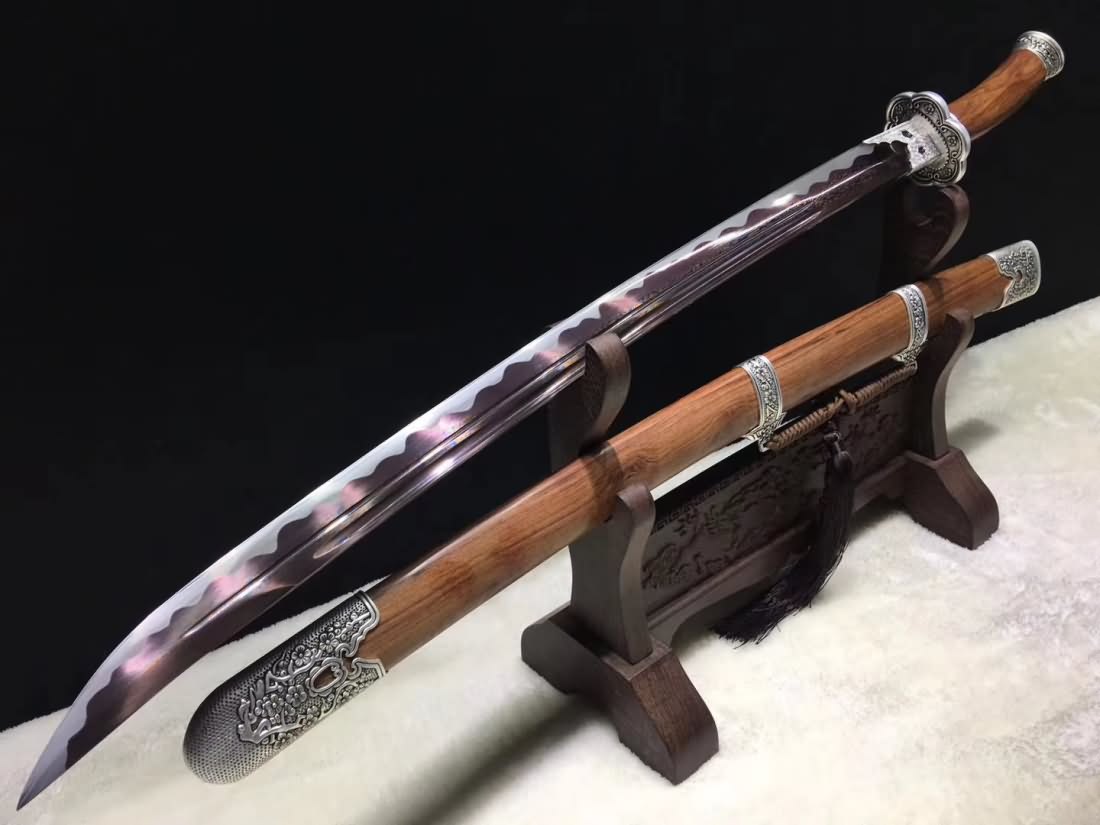 Qing dao,Handmade Damascus steel red blade,Rosewood scabbard