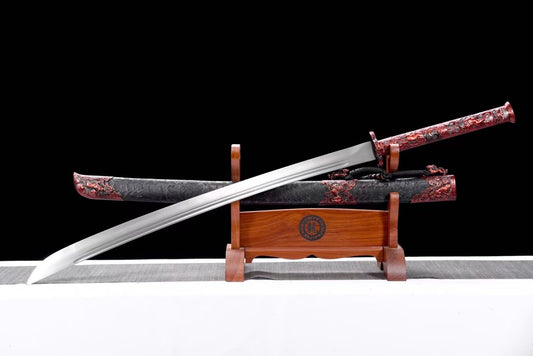 Traditional Chinese Qing Dao Sword-Spring Steel Blade, Red Alloy Fittings,Wood Wrapped Faux Leather Scabbard