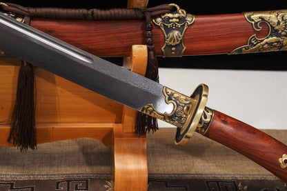 Qing dao Broadsword Forged Damascus Blades,Redwood Scabbard Brass Fittings