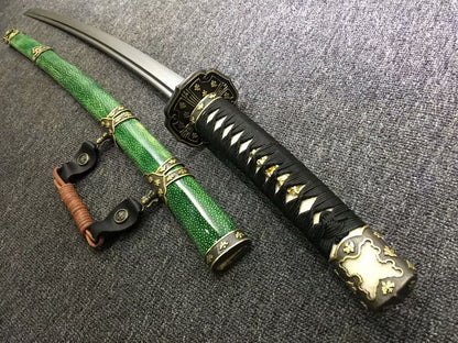 Nihontou katana,Green skin scabbard,Damascus steel burn blade,Brass,Full tang