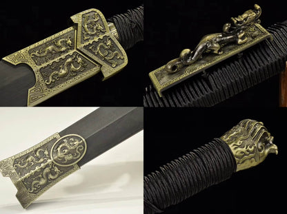 Han jian,Damascus Steel red blade,Black wood,Alloy