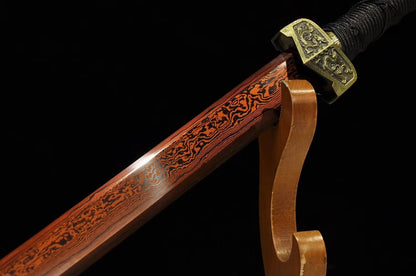 Han jian,Damascus Steel red blade,Black wood,Alloy