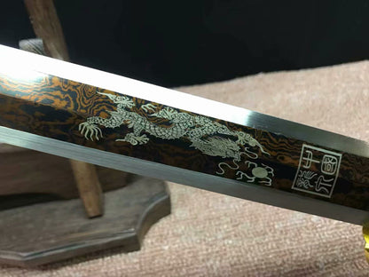 Han jian,Handmade Damascus steel red blade,Black wood,Alloy