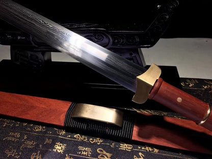 Han Jian,Damascus Steel Blade,Brass Fittings&Redwood Scabbard