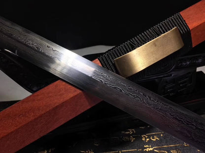 Han Jian,Damascus Steel Blade,Brass Fittings&Redwood Scabbard