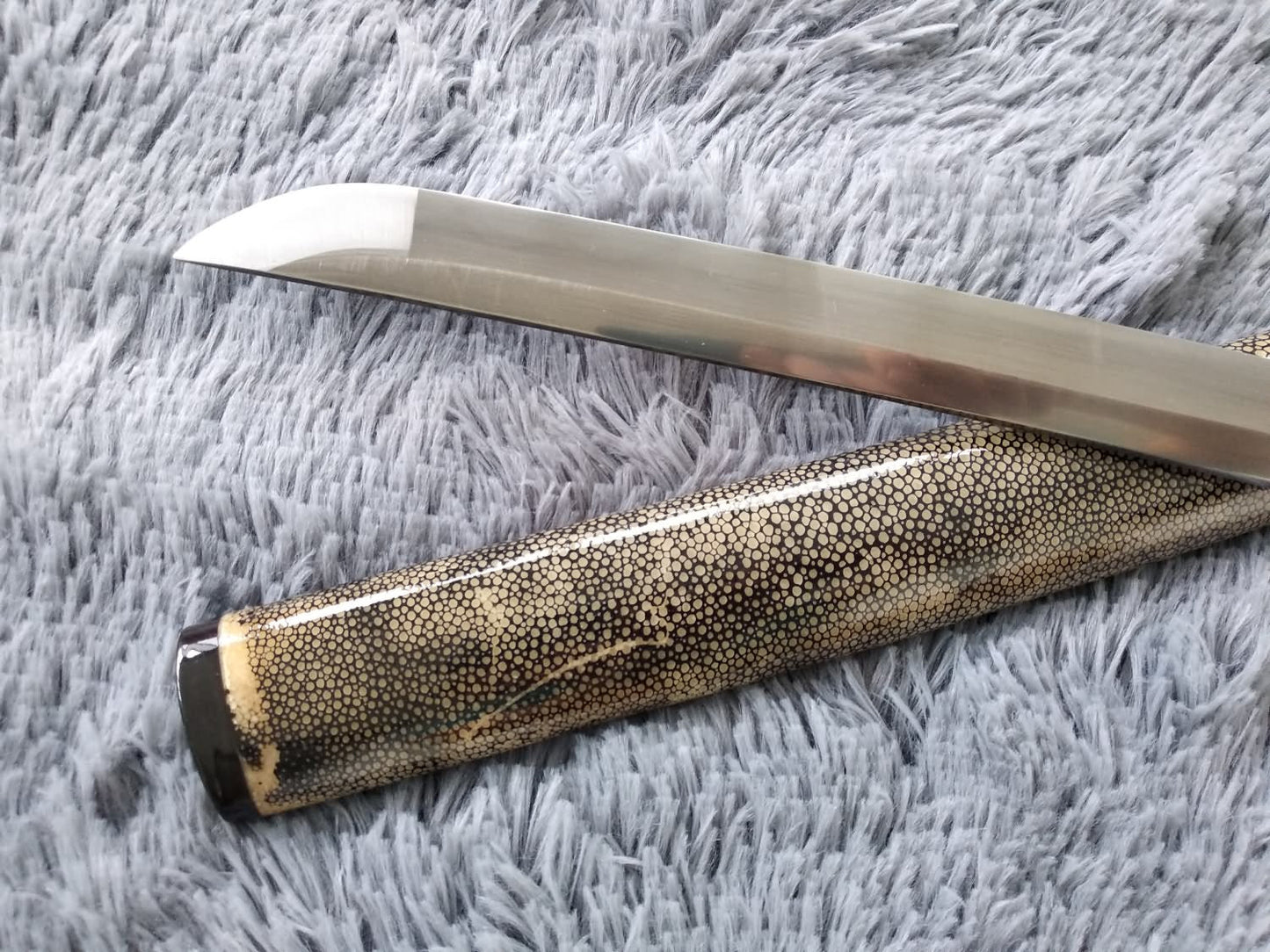 Samurai sword,Katana,Damascus steel burn blade,Skin scabbard,Brass tosogu