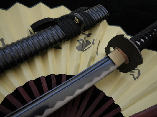 Japanese Samurai Katana Sword,Medium carbon steel black blade,Wood scabbard,Iron Tsuba,Full tang,Length 39 inch